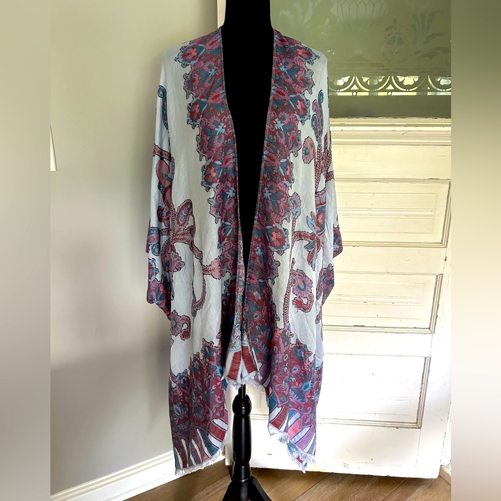 Chico's Jacquard Multicolor Ruana Floral Boarder Kimono